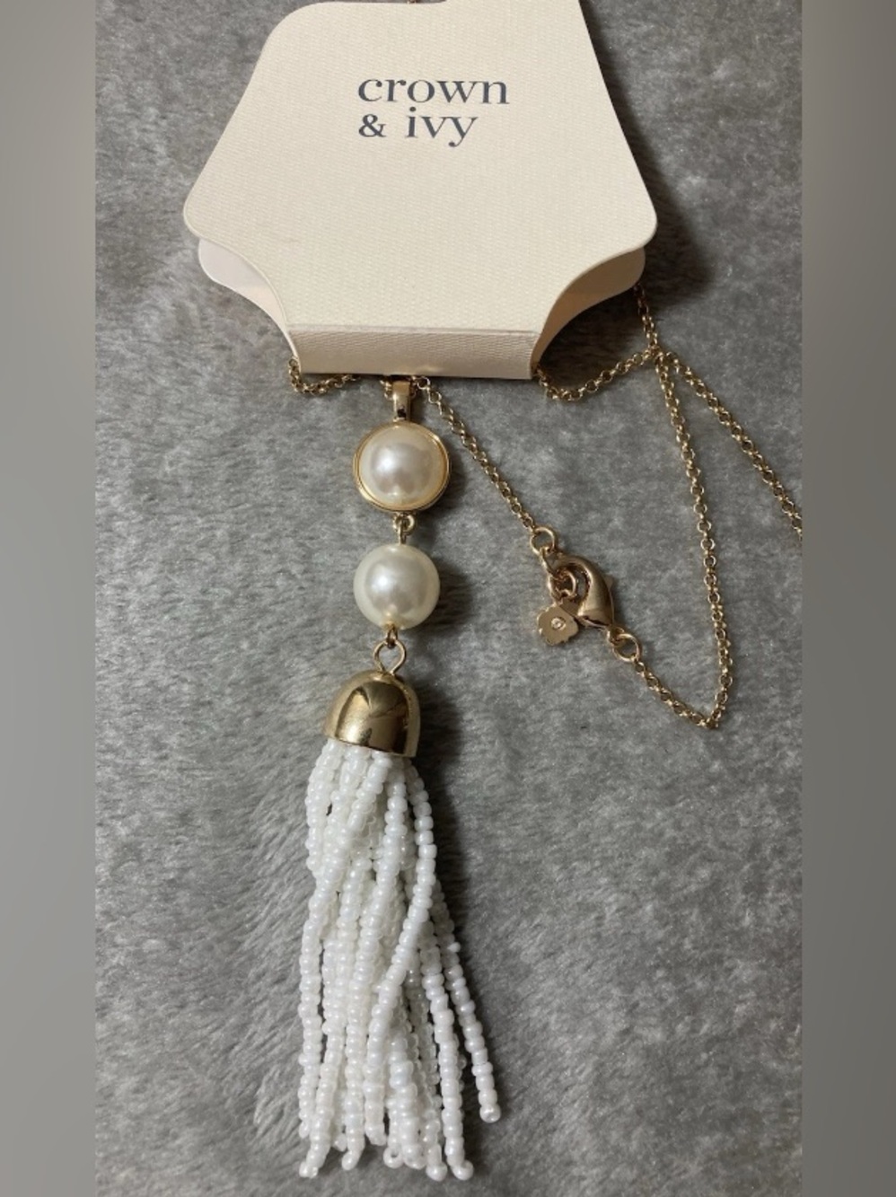 Crown & Ivy Necklace Fuax Pearl Tassel Pendant Double Wrap 17 1/2”